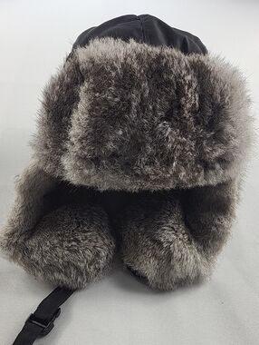 Crown Cap Canada Black Aviator Bomber Trapper Winter Hat Fur Trim